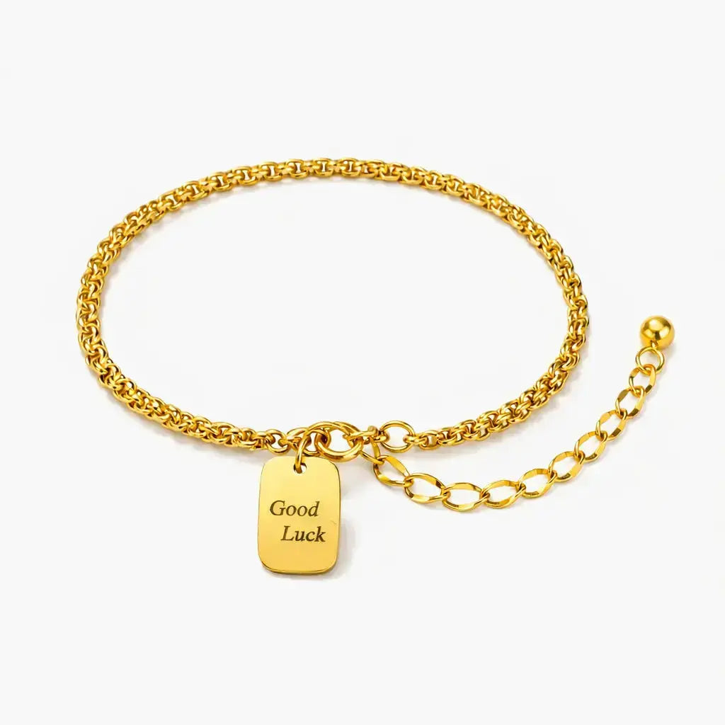 18K gold chain bracelet with adjustable clasp and 'Good Luck' engraved tag charm