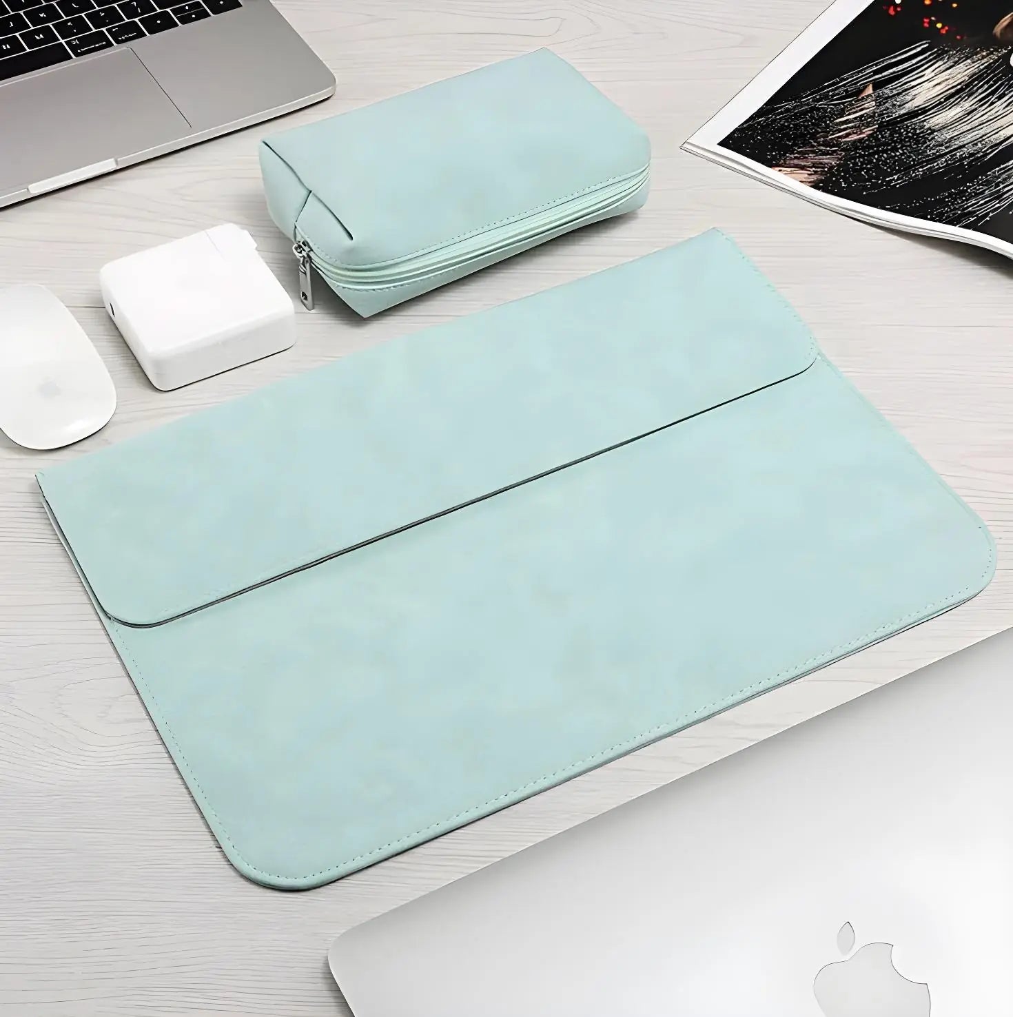 FrostGuard frosted PU leather laptop sleeve with magnetic flap and microfiber lining—slim protective case for 13, 14, and 15.6 inch laptops.