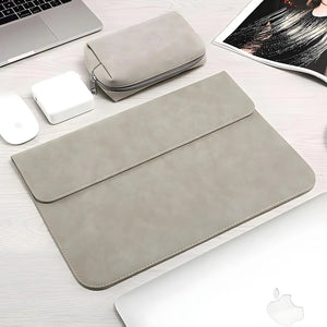 FrostGuard frosted PU leather laptop sleeve with magnetic flap and microfiber lining—slim protective case for 13, 14, and 15.6 inch laptops.
