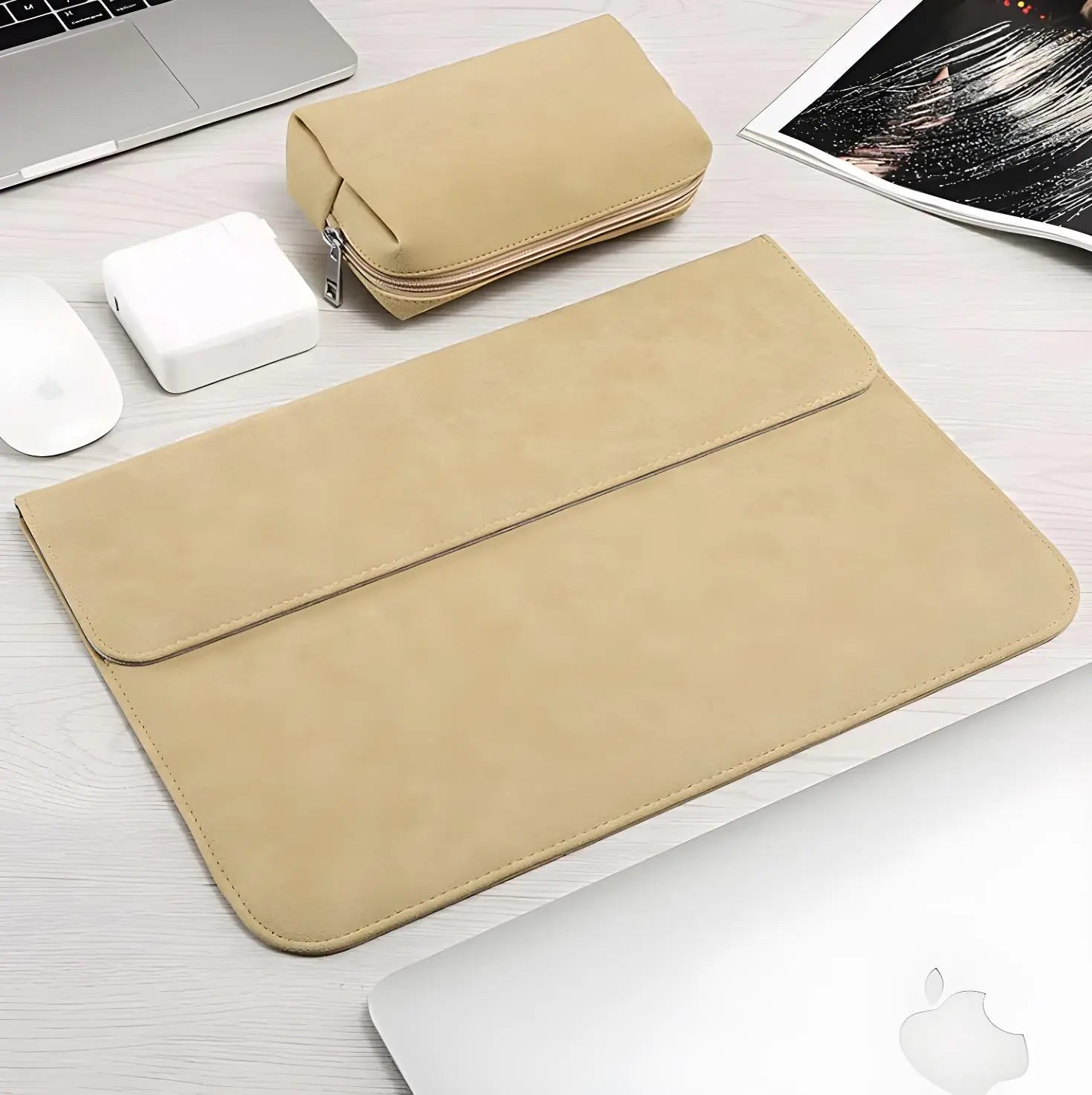 FrostGuard frosted PU leather laptop sleeve with magnetic flap and microfiber lining—slim protective case for 13, 14, and 15.6 inch laptops.