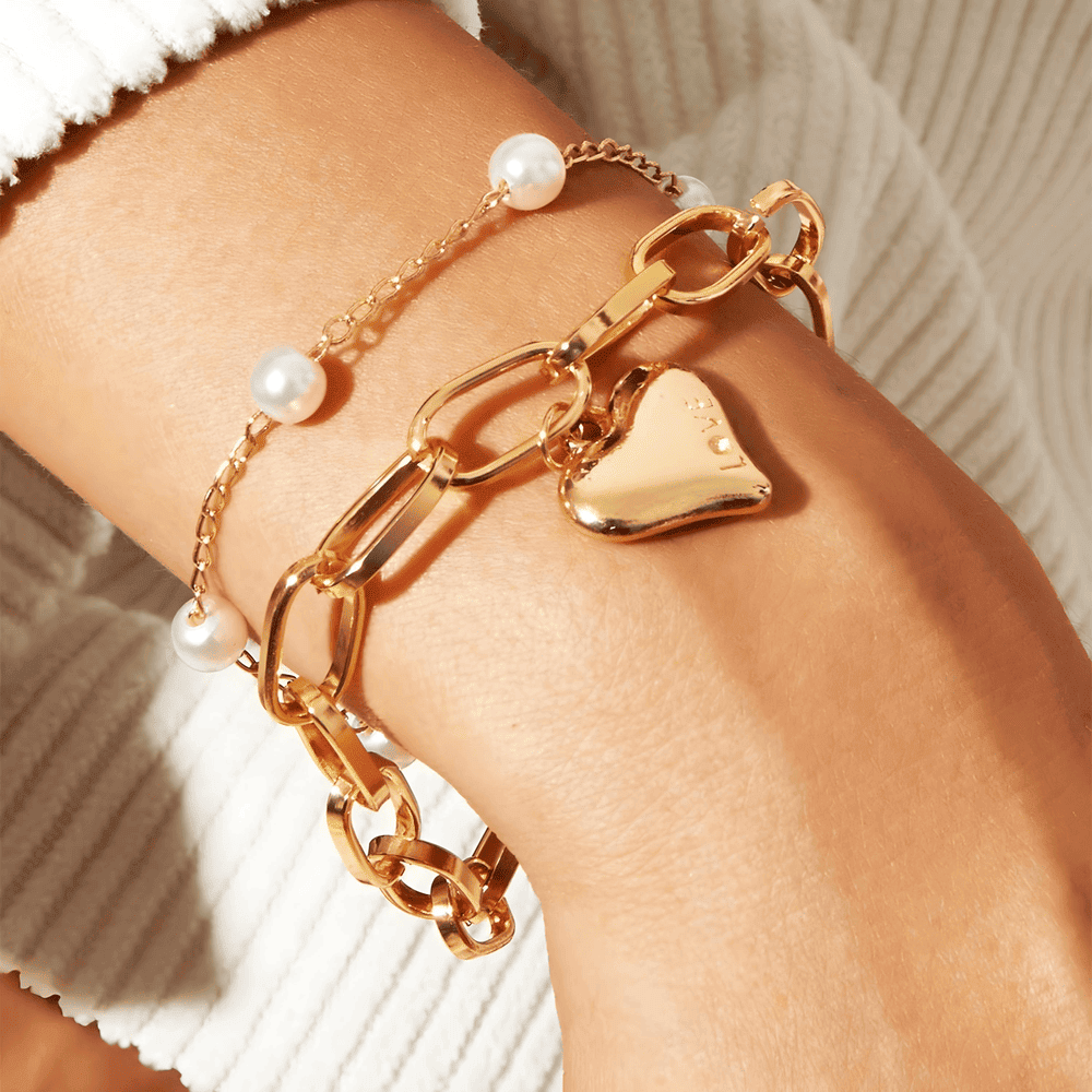 Golden Heart & Pearl Duo Bracelet