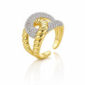 A gold-plated open ring with a twisted rope design on one side and a pavé-set diamond band on the other, shown on a white background with a soft reflection.