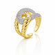 A gold-plated open ring with a twisted rope design on one side and a pavé-set diamond band on the other, shown on a white background with a soft reflection.