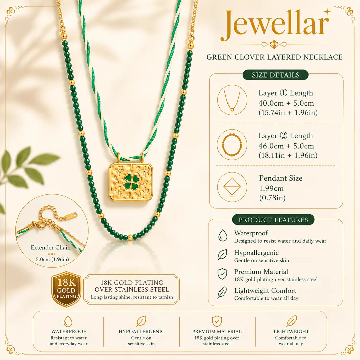 A product infographic for the Jewellar brand showcasing a green clover layered necklace. The image features the necklace with its gold-plated pendant, detailed size measurements, product features, and care instructions on a styled cream background with a gold clover motif.
