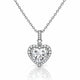 A heart-shaped diamond pendant necklace on a silver chain, set against a clean white background with a soft reflection below.