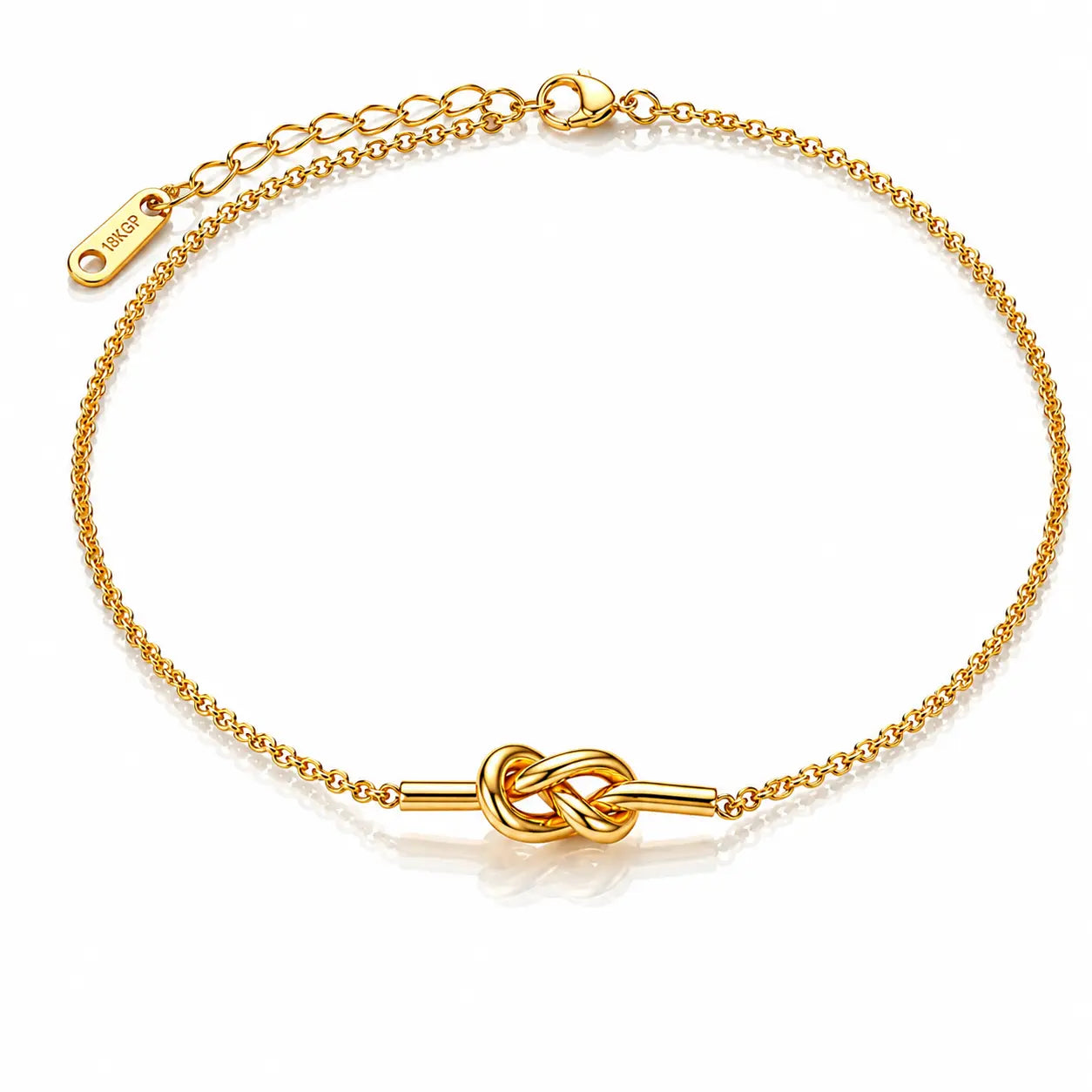 A gold chain bracelet with a central knotted bar detail, displayed on a clean white background.
