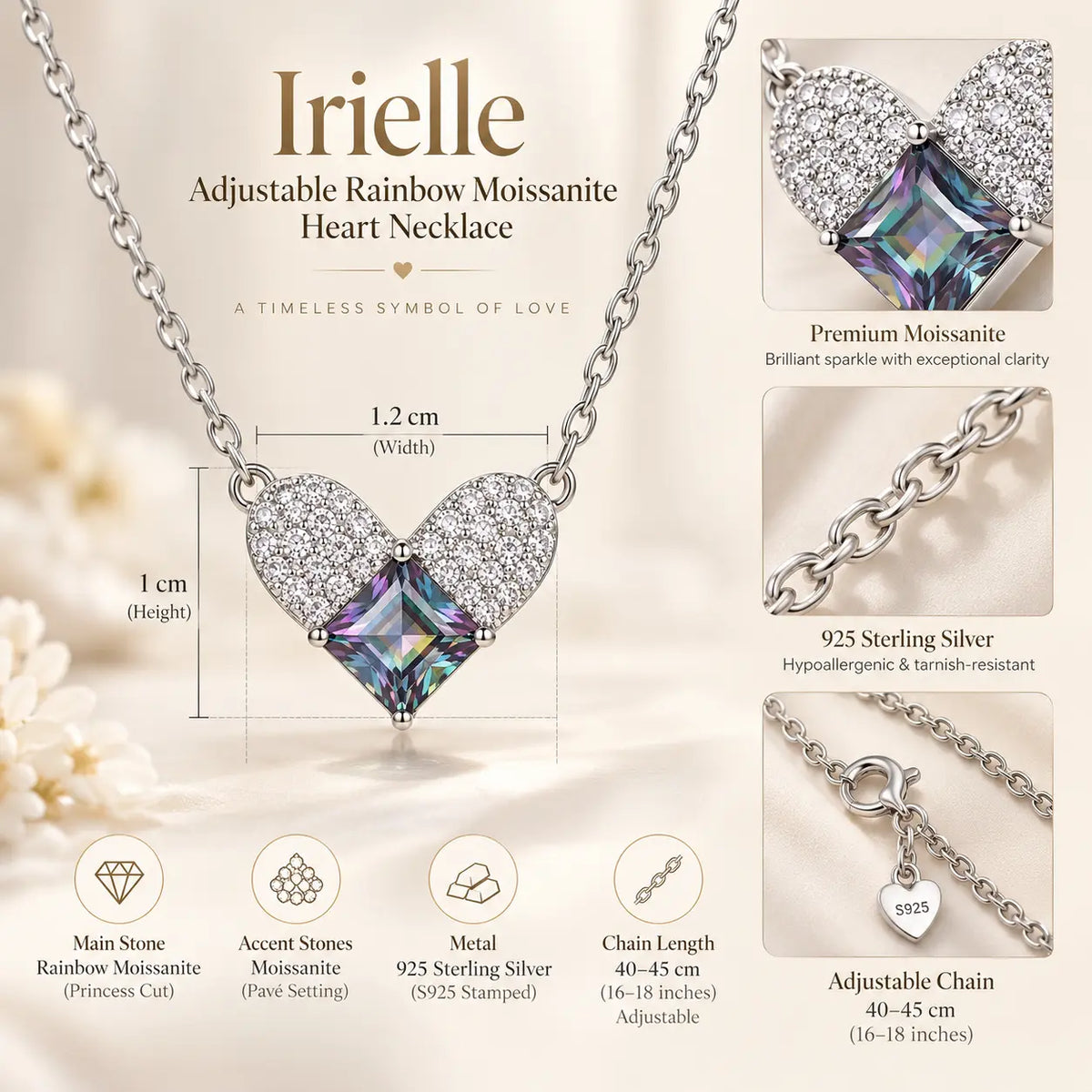 Irielle Adjustable Rainbow Moissanite Heart Necklace - 925 Sterling Silver