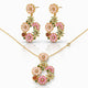 Floral jewelry set with pink and green gemstones on a white background
