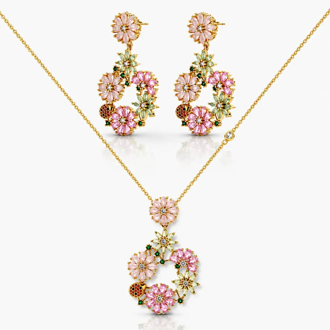 Jewelry set with pink floral earrings and necklace on a white background