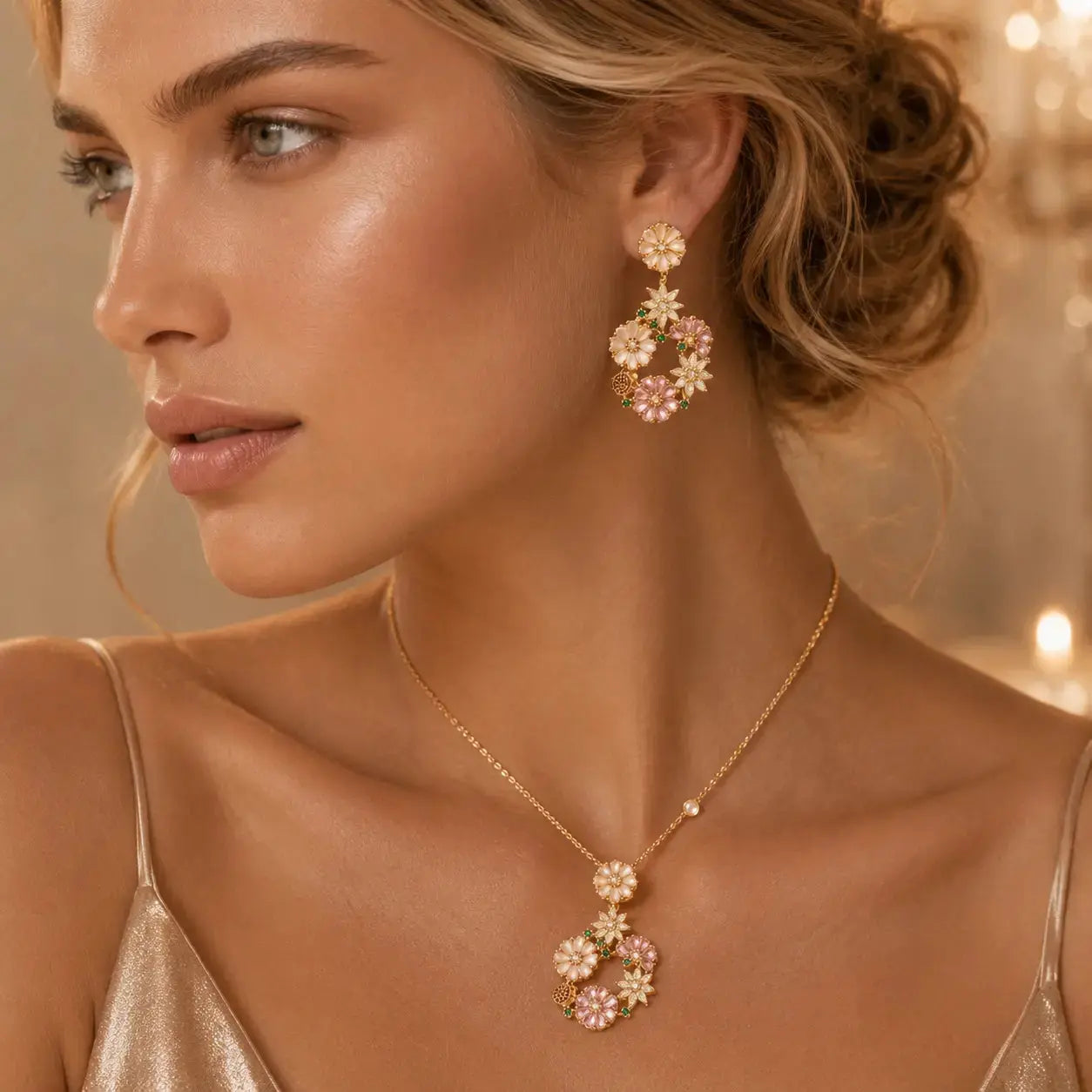 Woman wearing floral earrings and a necklace with a blurred background