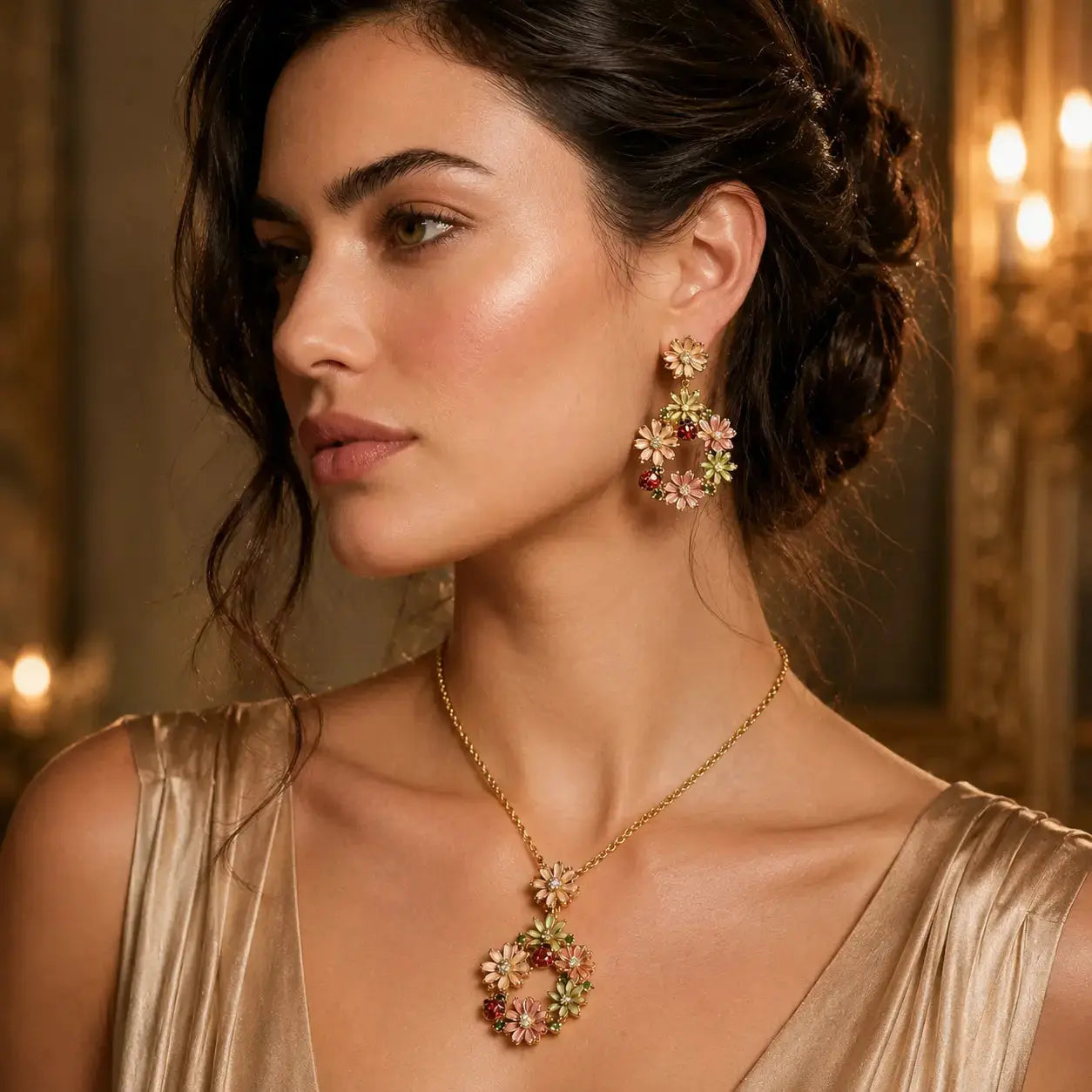 Woman wearing floral earrings and necklace in a warm, indoor setting