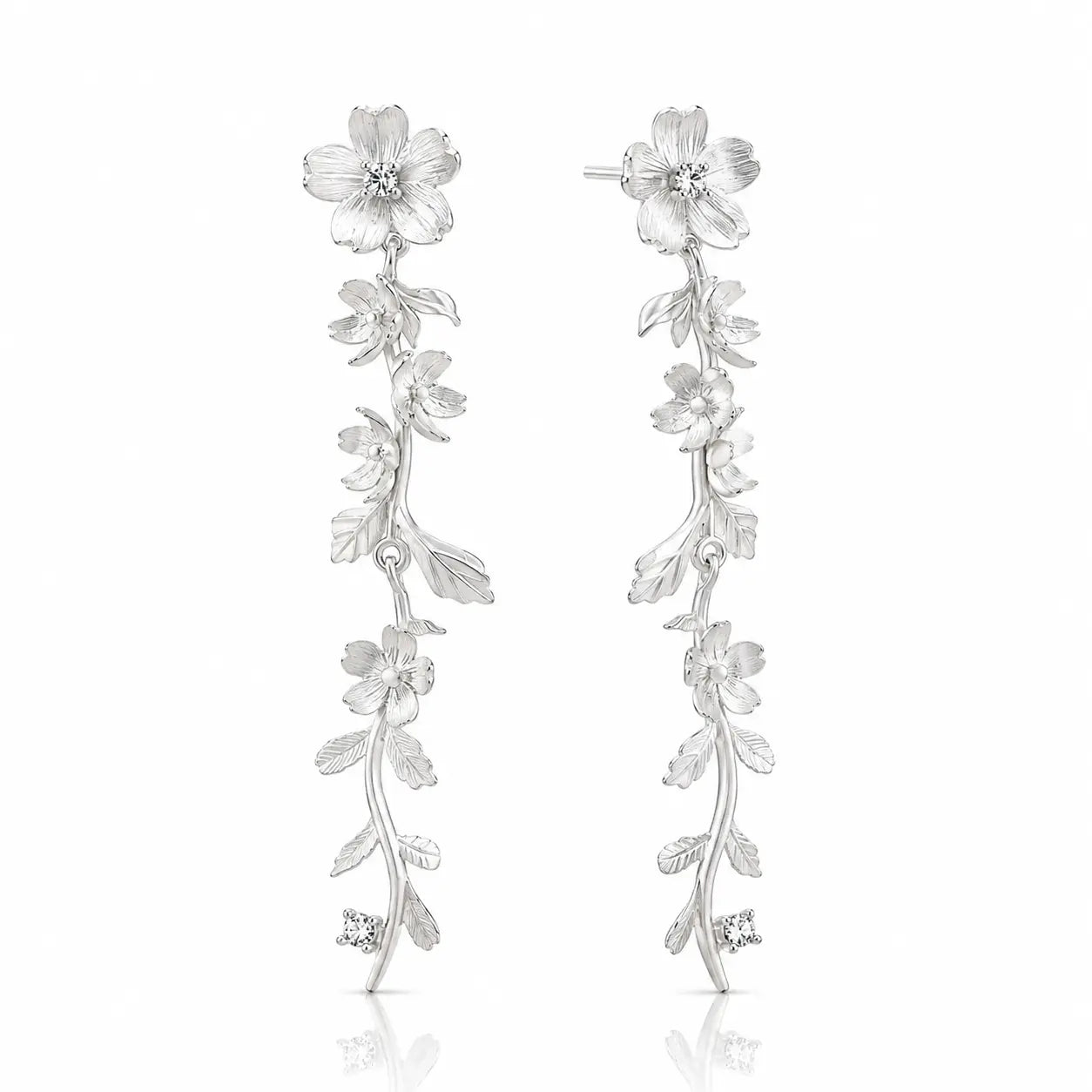 Silver floral earrings on a white background