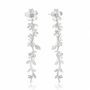 Silver floral earrings on a white background