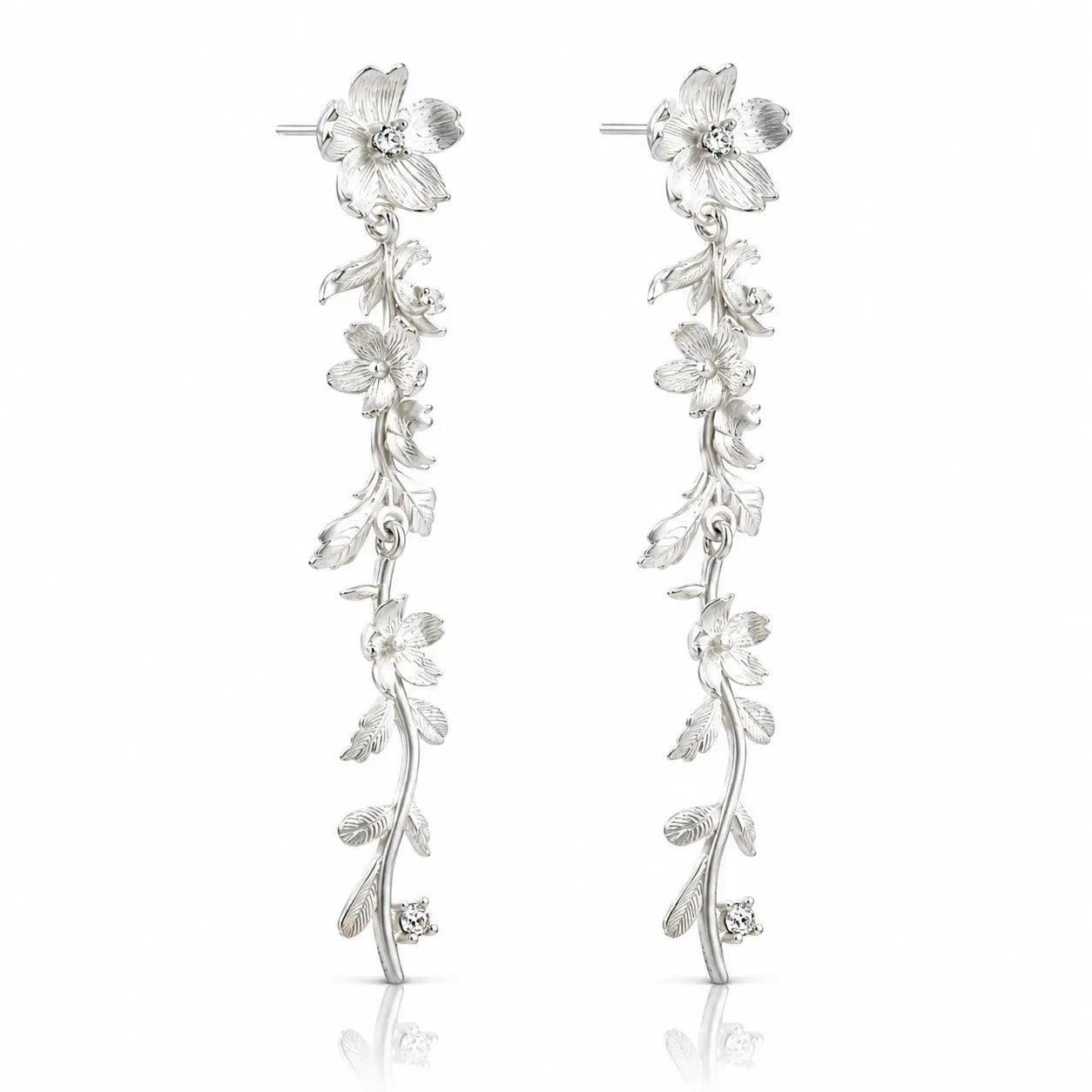 Silver floral earrings on a white background
