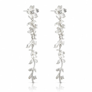 Silver floral earrings on a white background