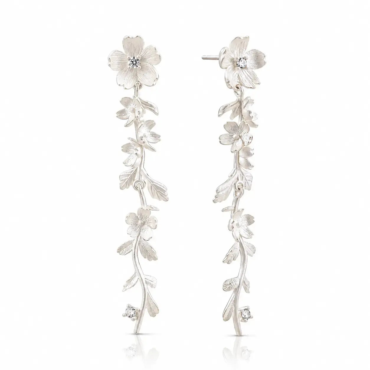 Silver floral earrings on a white background