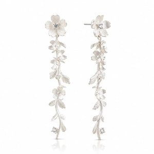 Silver floral earrings on a white background
