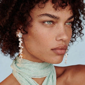 Close-up of a person wearing floral earrings with a light blue background