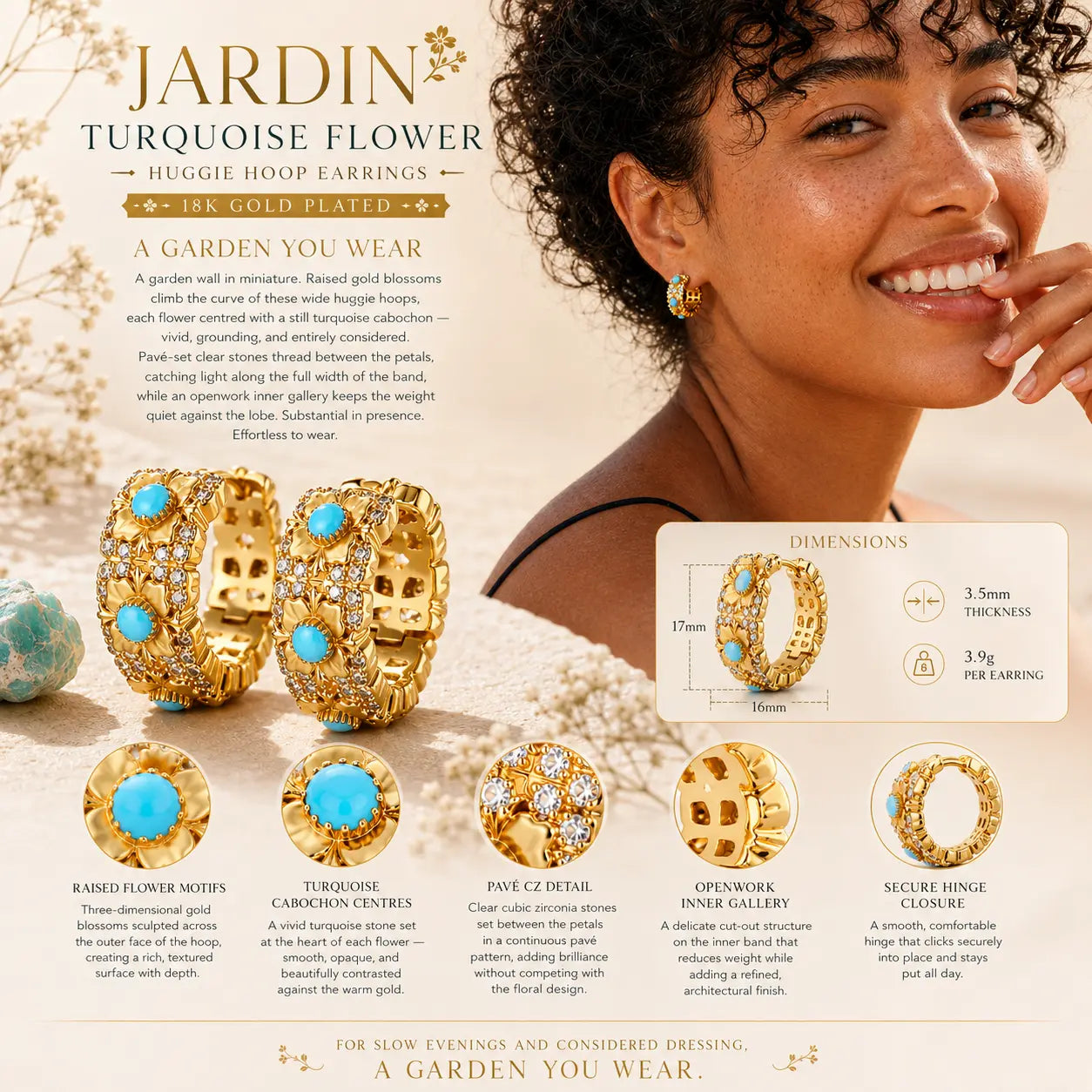 Jardin Turquoise Flower huggie hoop earrings with product details on a model wearing them.
