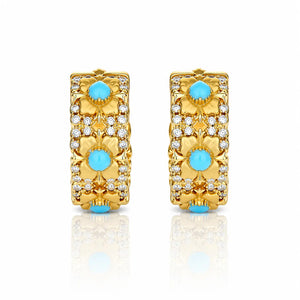 Gold hoop earrings with turquoise stones on a white background