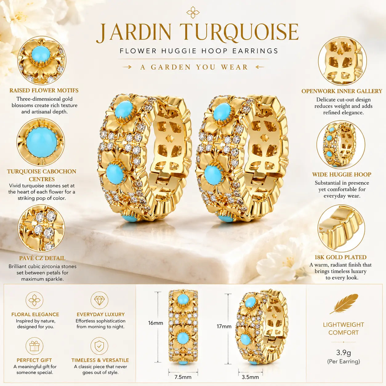 Jardin Turquoise flower huggie hoop earrings with turquoise carnelian centers on a white background.