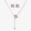 Square pink gemstone necklace and stud earring jewelry set on white background