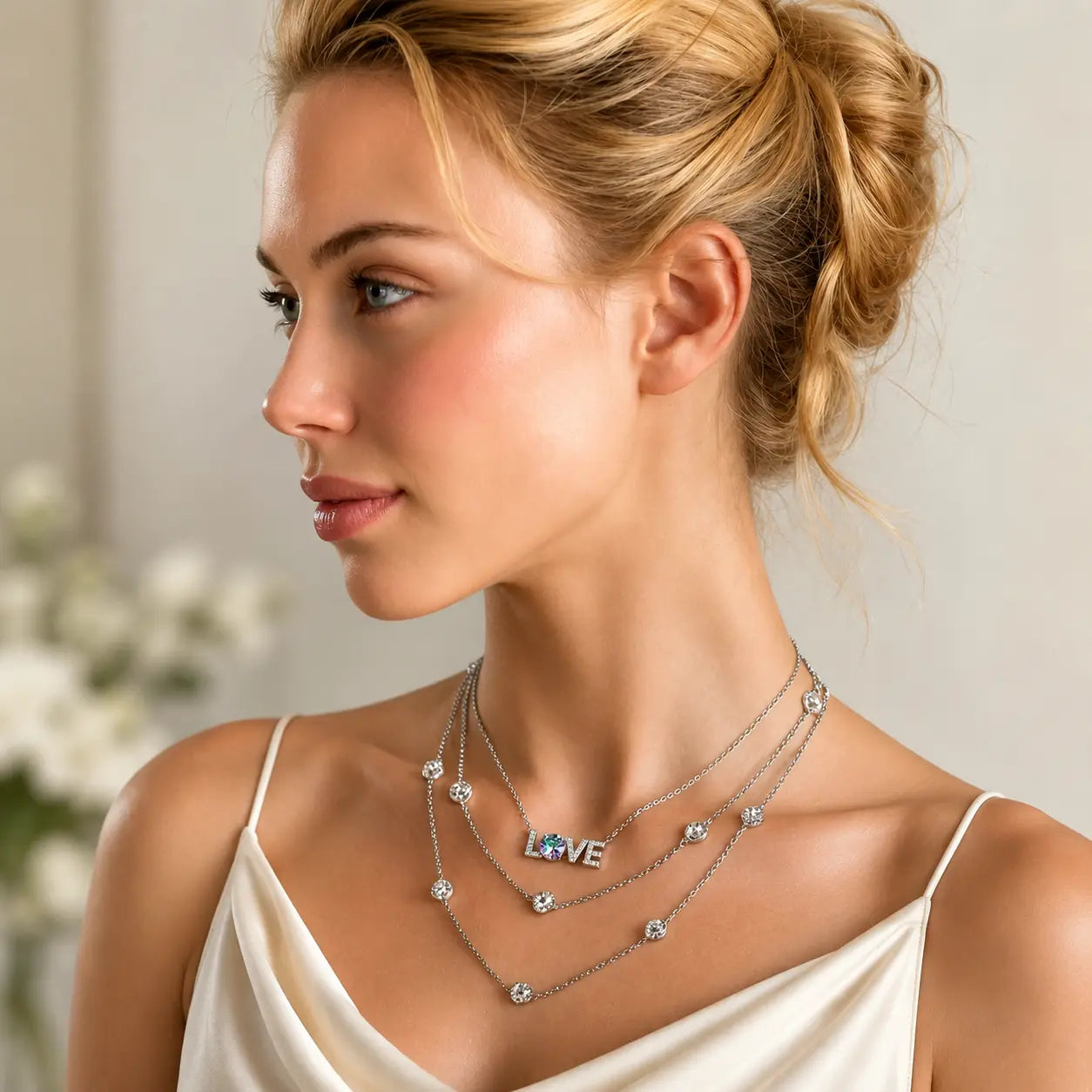 A close-up of a woman in profile wearing a layered silver necklace set. The necklace features a central 'LOVE' initial pendant, small round clear stones, and a delicate chain with tiny silver charms.