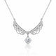 A silver-toned necklace featuring an ornate filigree crescent pendant adorned with small clear stones and a dangling round-cut clear gemstone, shown on a white background with a soft reflection below.