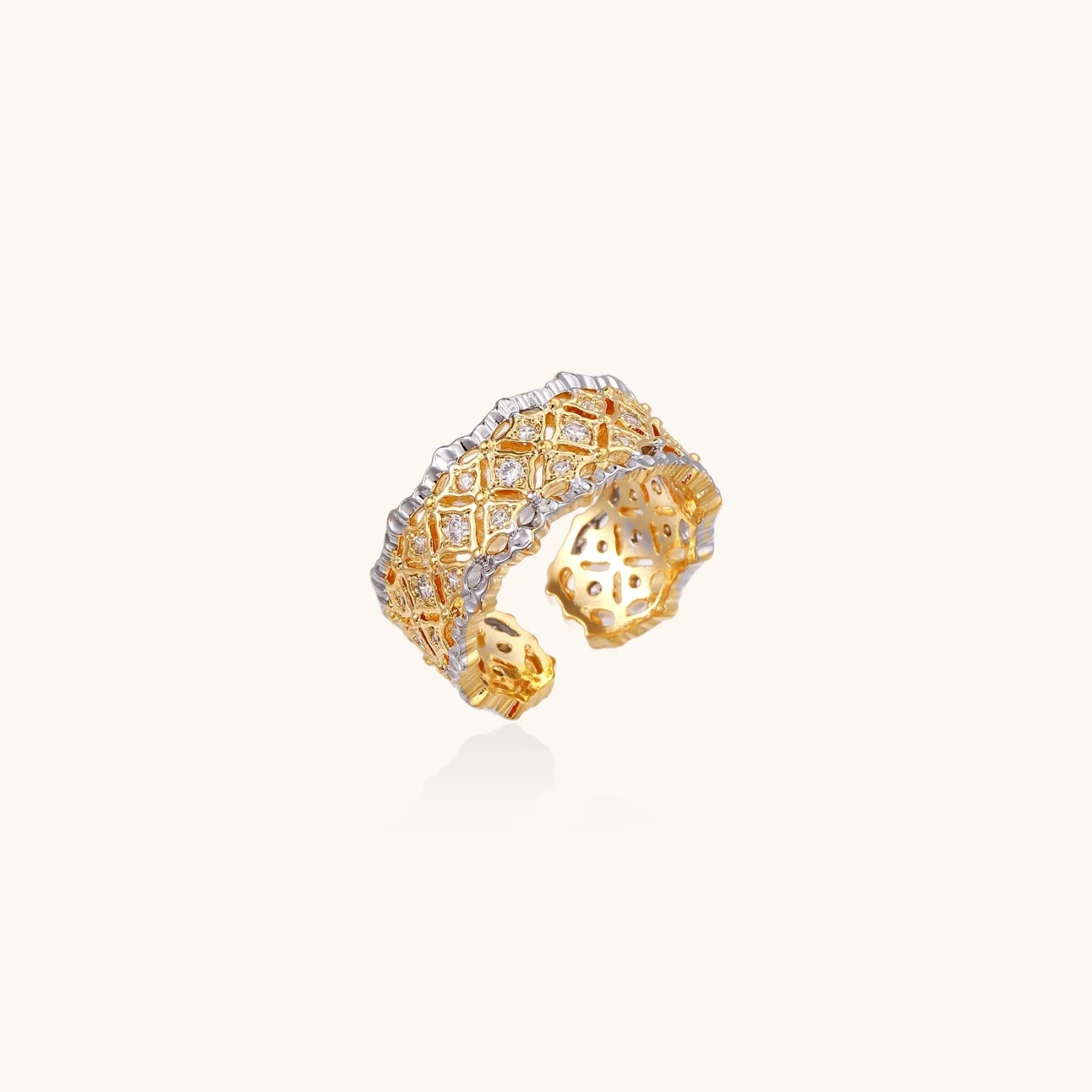 18K gold plated geometric lattice ring with cubic zirconia stones adjustable luxury statement jewelry