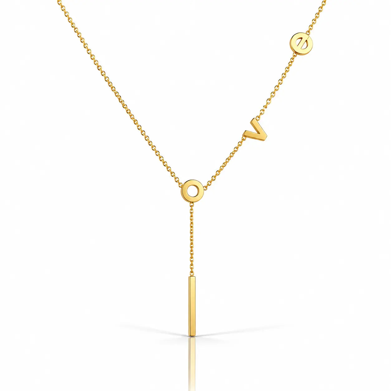 Gold necklace with a unique design on a white background