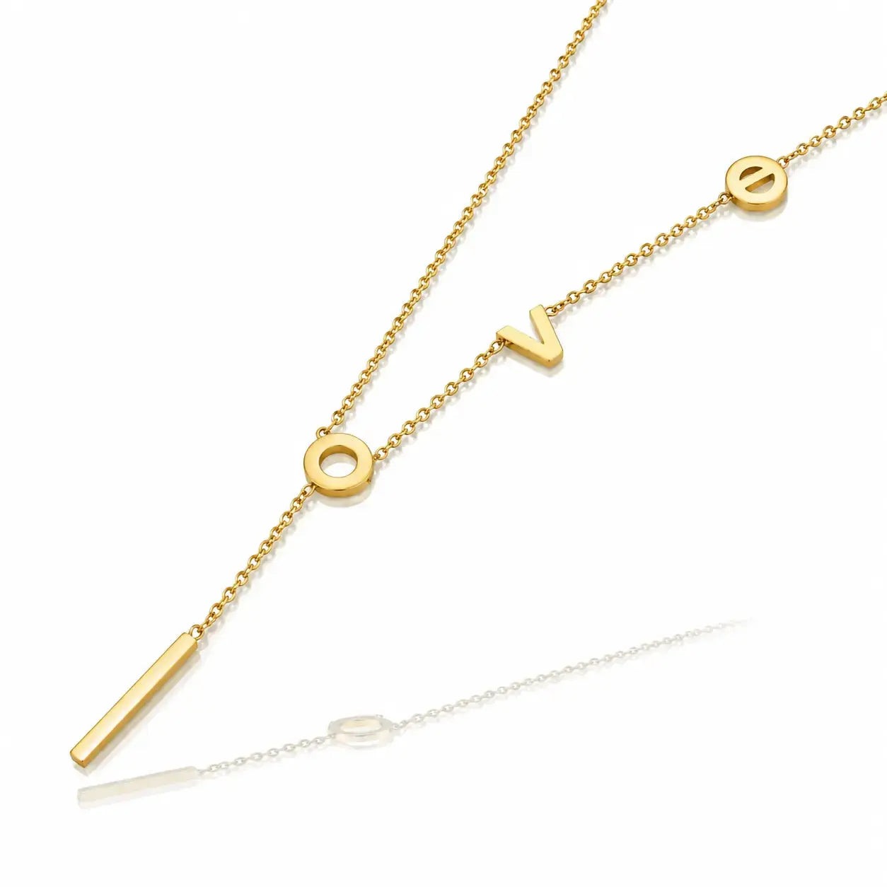 Gold necklace with various geometric pendants on a white background