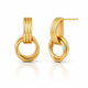 A pair of gold hoop earrings with a triple-ring design, shown on a clean white background with a soft reflection below.