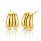 A pair of polished gold stud earrings with a double-bar design, shown from front and side angles on a clean white background with a soft reflection below.