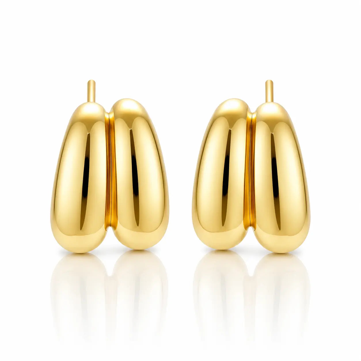 A pair of polished gold hoop earrings with a rounded, organic double-lobed design, displayed on a clean white background with soft reflections below.