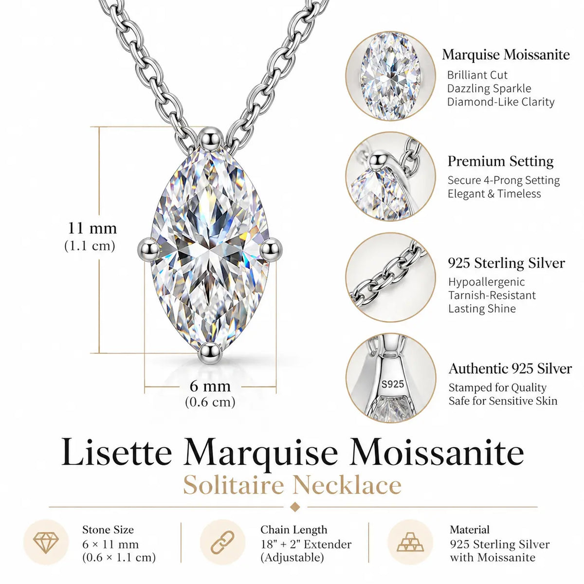 Lisette Marquise Moissanite Solitaire Necklace - 925 Sterling Silver