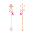LuckyBloom S925 rose-gold asymmetrical four-leaf clover earrings with zirconia, 40 mm drop, push-back closures.