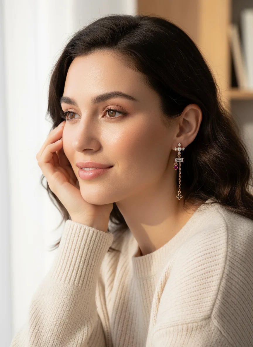 LuckyBloom S925 rose-gold asymmetrical four-leaf clover earrings with zirconia, 40 mm drop, push-back closures.