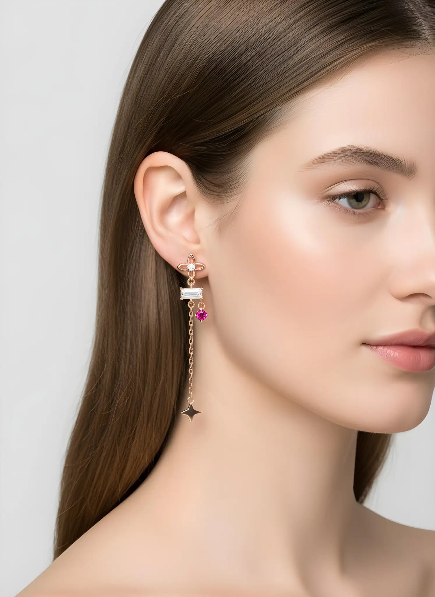 LuckyBloom S925 rose-gold asymmetrical four-leaf clover earrings with zirconia, 40 mm drop, push-back closures.