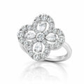 A silver-tone flower ring featuring multiple clear gemstones, including marquise and round cuts, set against a clean white background with a soft reflection below.