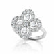 A silver-tone flower ring featuring multiple clear gemstones, including marquise and round cuts, set against a clean white background with a soft reflection below.