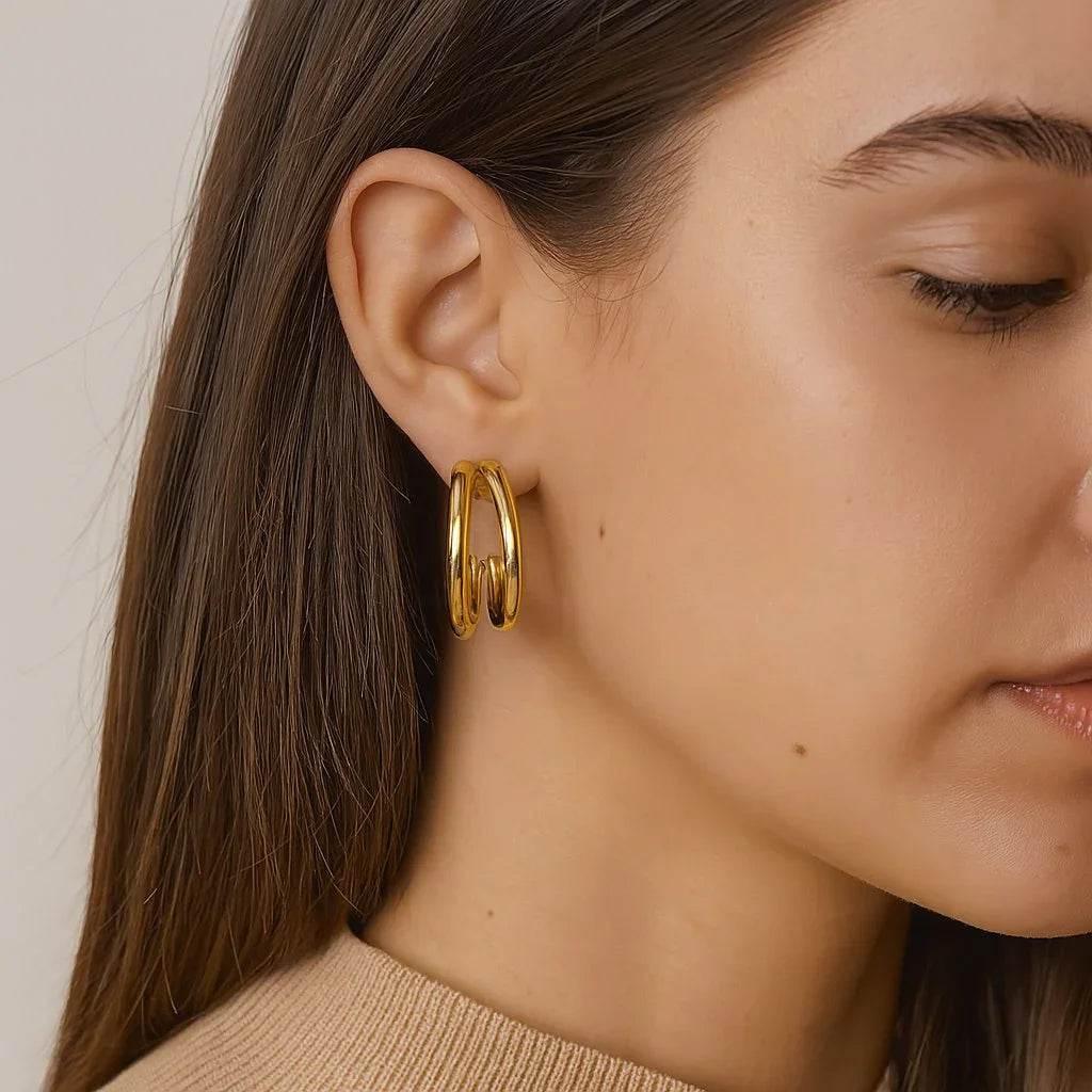 Luma Duo – 14K Gold Double-Layer Titanium Steel Studs - Jewellar
