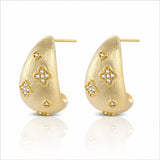 Gold hoop earrings with diamond-like stone designs on a white background