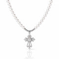 Pearl necklace with a silver cross pendant on a white background