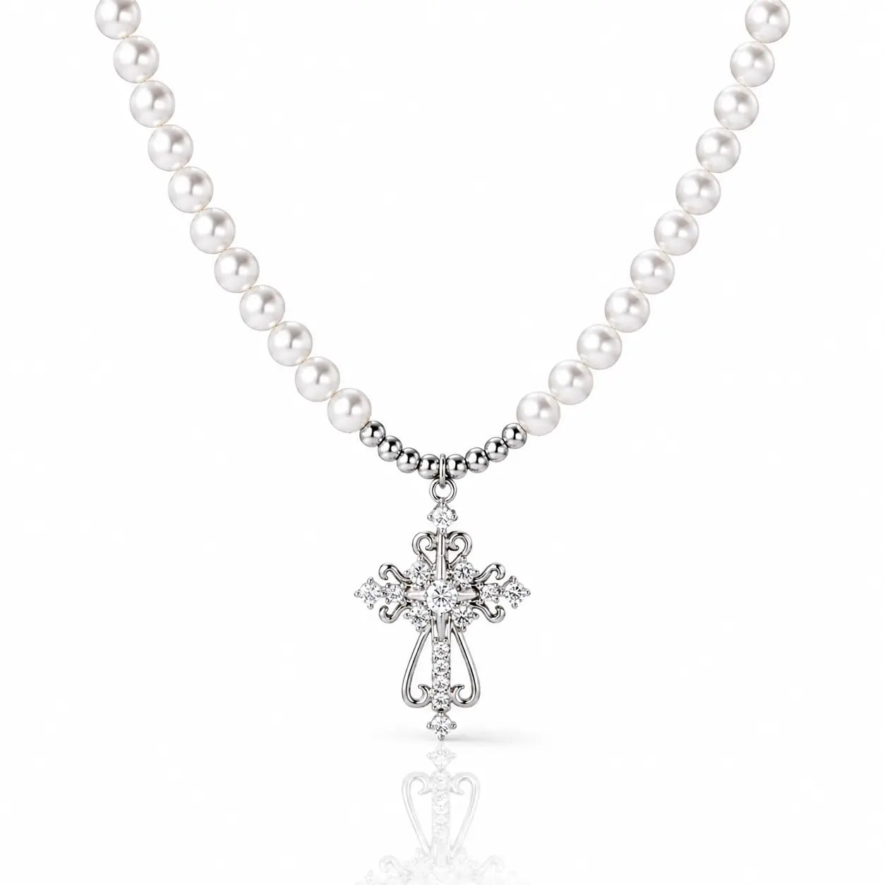 Pearl necklace with a silver cross pendant on a white background