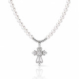Pearl necklace with a silver cross pendant on a white background