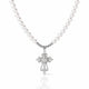 Pearl necklace with a silver cross pendant on a white background