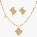 Gold necklace and earrings set on a white background