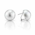 A pair of textured silver ball stud earrings, one shown from the front and the other from the side displaying the post and butterfly back, on a reflective white surface.