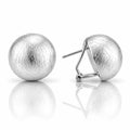 A pair of silver ball stud earrings with a textured, fibrous outer layer and polished inner settings, shown on a reflective white surface.