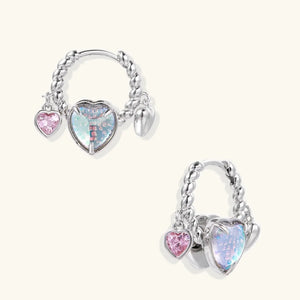 White gold opal heart hoop earrings with a crystal charm